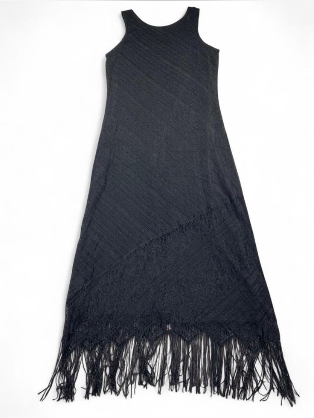 Vintage Harlow 90s Black Lace Crochet Fringe Maxi Dress Goth Witchy Sultry Sz 16